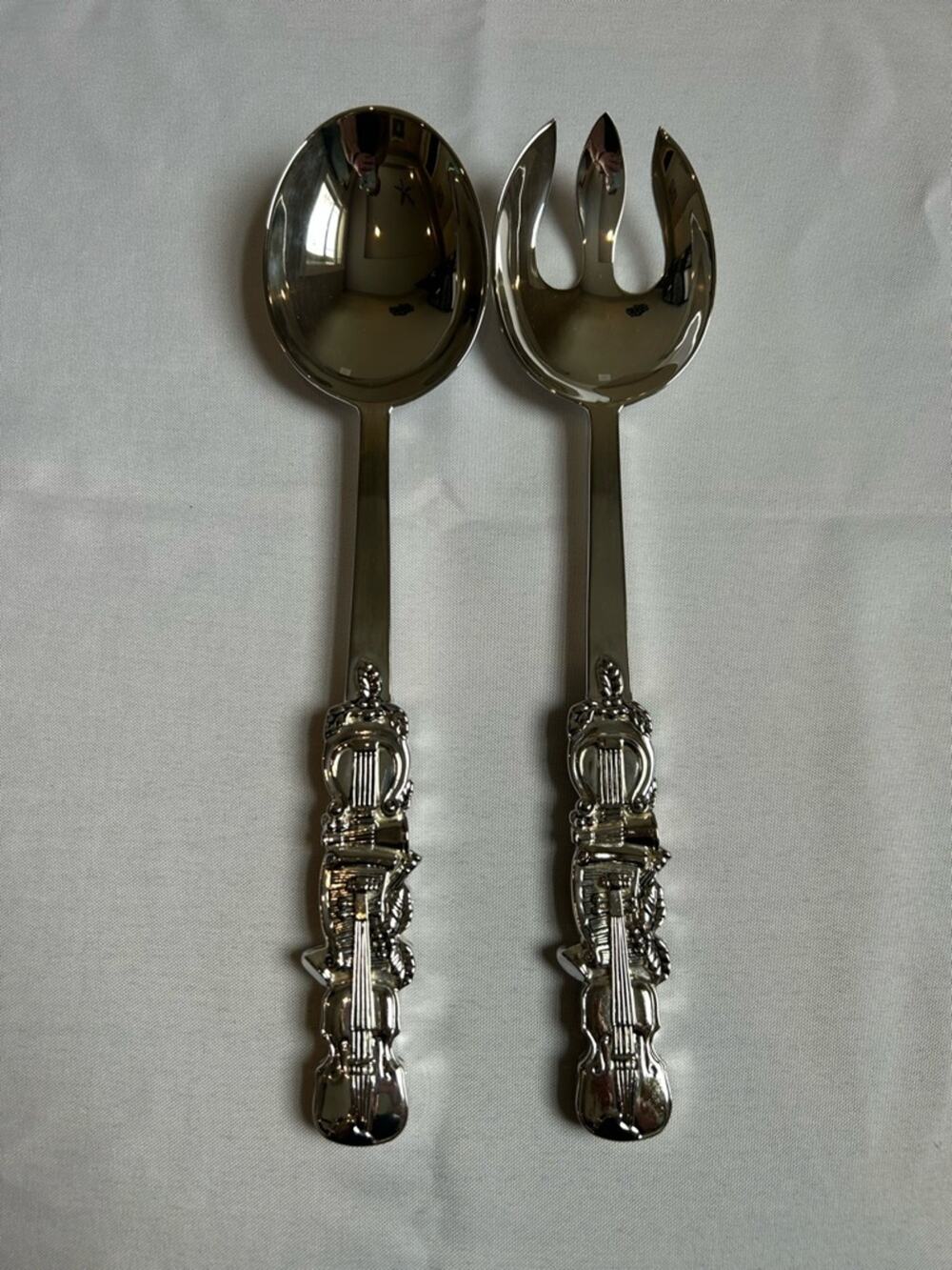 Godinger Silver Plate Salad Spoon & Fork Holiday Violin & Harp